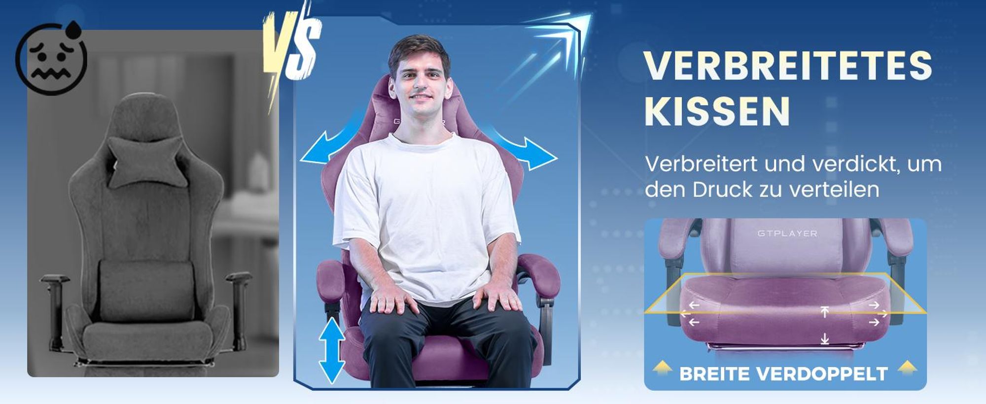 GTPLAYER Gaming Stuhl Ergonomischer Gaming Sessel Schreibtischstuhl Bürostuhl mit Stoffoberfläche Federsitzkissen, Verbindungsarmlehnen, mit Fußstütze