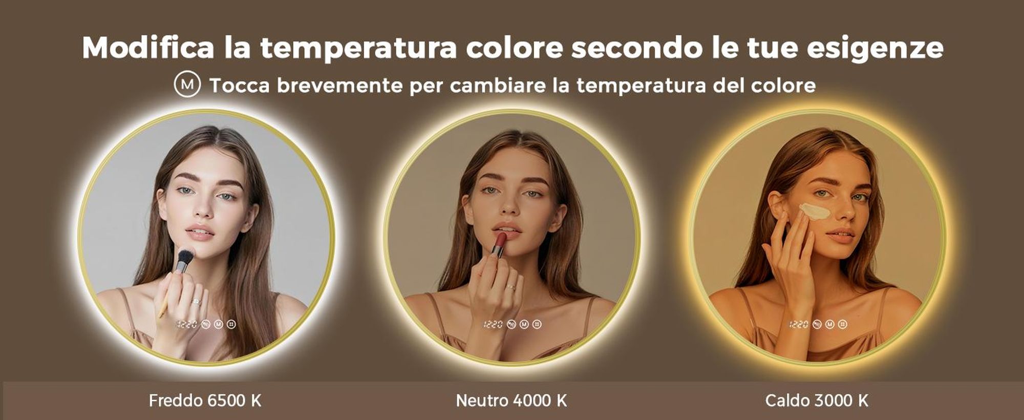 S'AFIELINA Specchio Bagno LED Rotondo 70 cm, Cornice Dorata, 3 colori di luce, luminosità regolabile, antiappannamento, orologio e temperatura