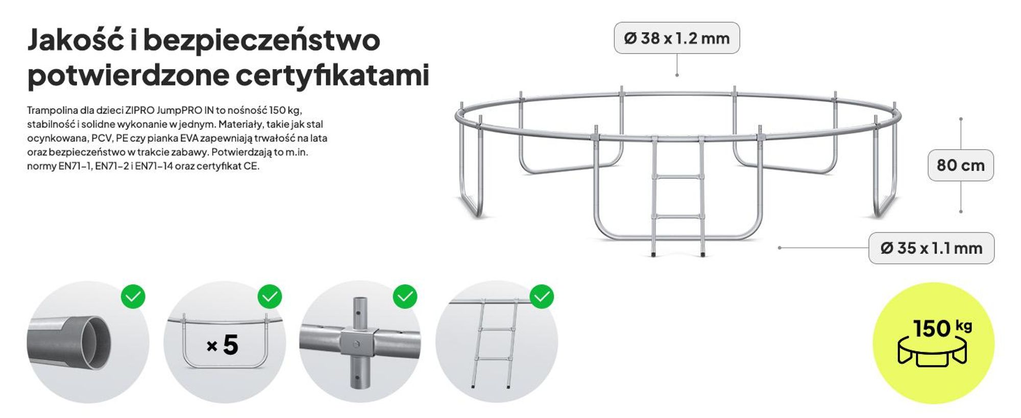 Trampolina ZIPRO Jump Pro IN | 12FT Ø 374 cm | Trampolina ogrodowa dla dzieci Kompletny zestaw zawierający siatkę wewnętrzną, drabinkę i osłonę krawędziową, do użytku na zewnątrz, kolor zielony
