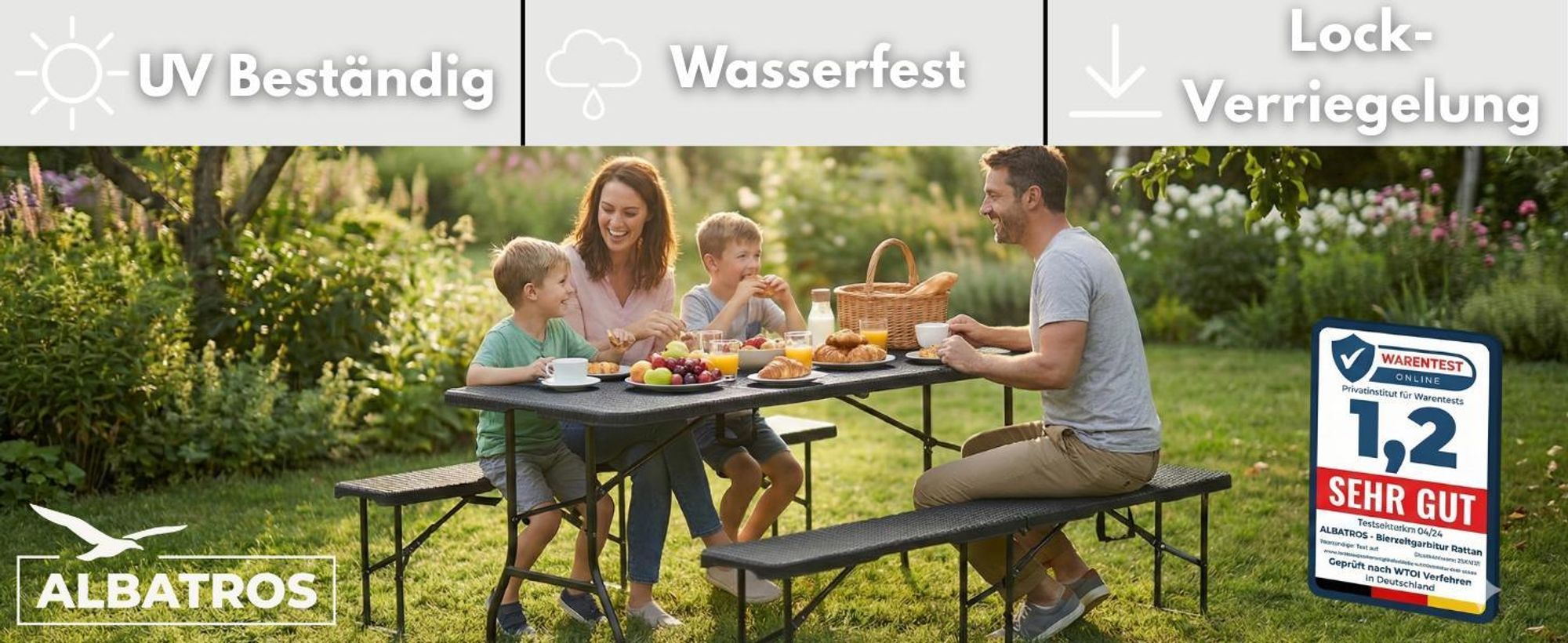 Albatros Bierzeltgarnitur Rattan – robuste Biertischgarnitur Klappbar und hohe Tragkraft – Set aus 2x Bierbank und 1x Biertisch für bis zu 10 Personen – Bierbankgarnitur