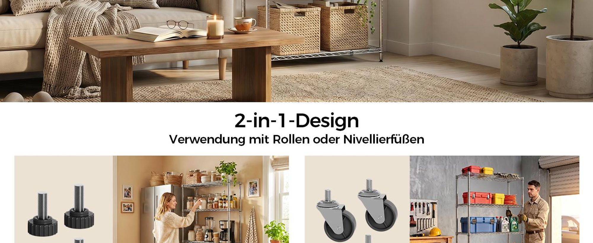 Mondeer Regal Aufbewahrungsregal 5-Stufiges Küchenregal, mit 8-Haken und 4-Rädern, PP-Trennwand