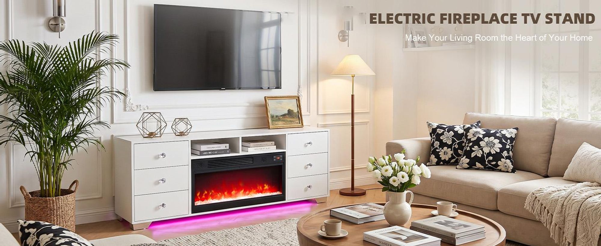 VANITII TV-Schrank mit kamin,TV-Lowboard mit farbwechselndem LED-Beleuchtung 6 Schubladen Weiβ 140 x 40 x 65 cm