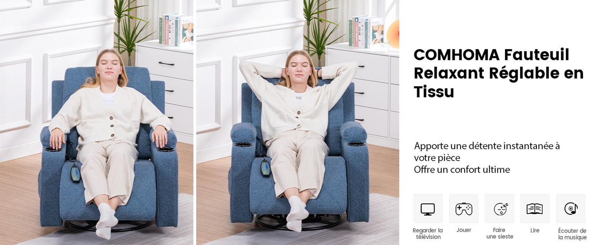 COMHOMA Fauteuil de relaxation Fauteuil TV en tissu avec fonction chaise longue Fauteuil TV réglable, Recliner Chair, bleu-tissu