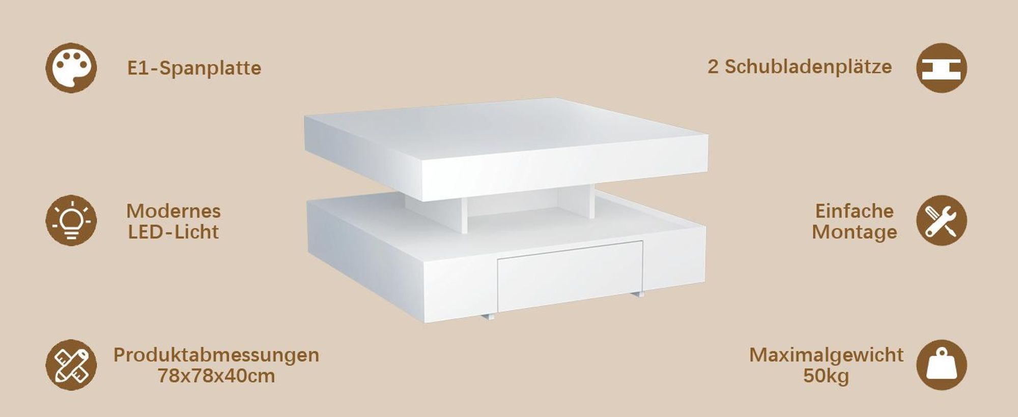 Radelldar Wohnzimmertisch mit 2 Schubladen, mit LED und Verstecktem Stauraum, matt 78x78x40cm, Weiß