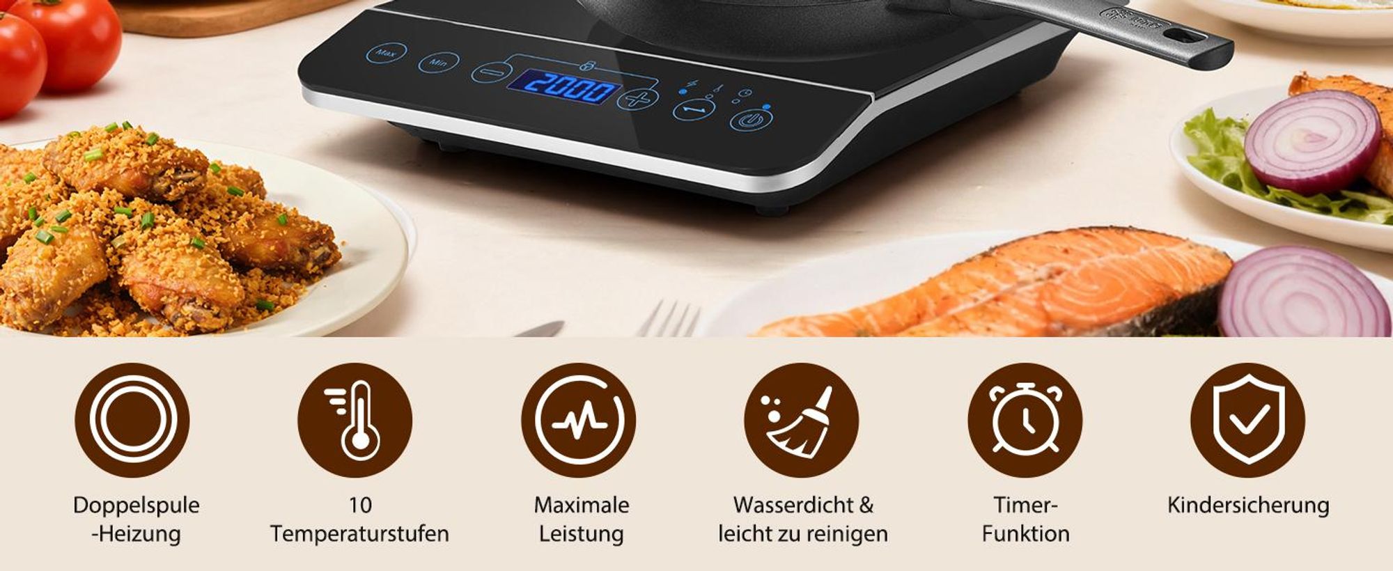 Aigostar Induktionskochfeld/10 Leistungsstufen/200W-2000Watt/Temperaturbereich 60-240℃/LED Display/Schwarz