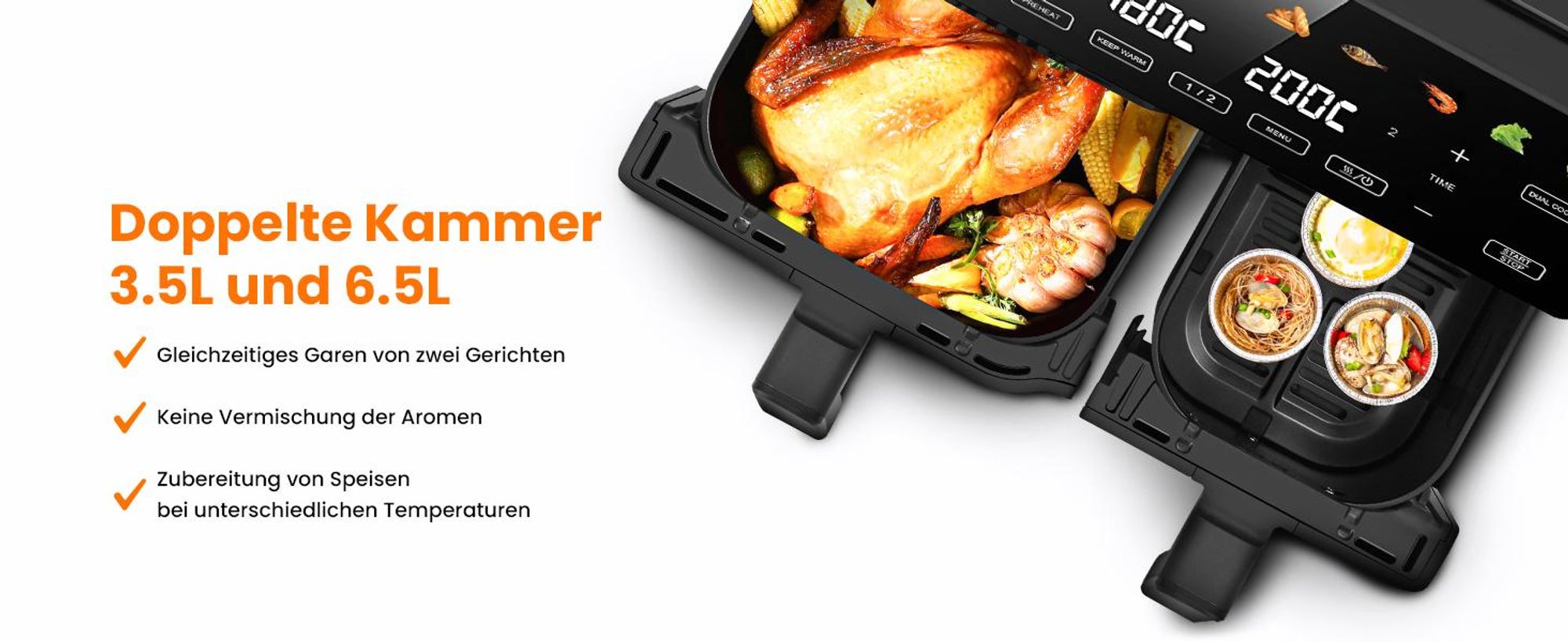 Extralink Air Fryer Dual Basket 10 l Heißluftfritteuse 2500 W mit 2 Körben und Touchdisplay