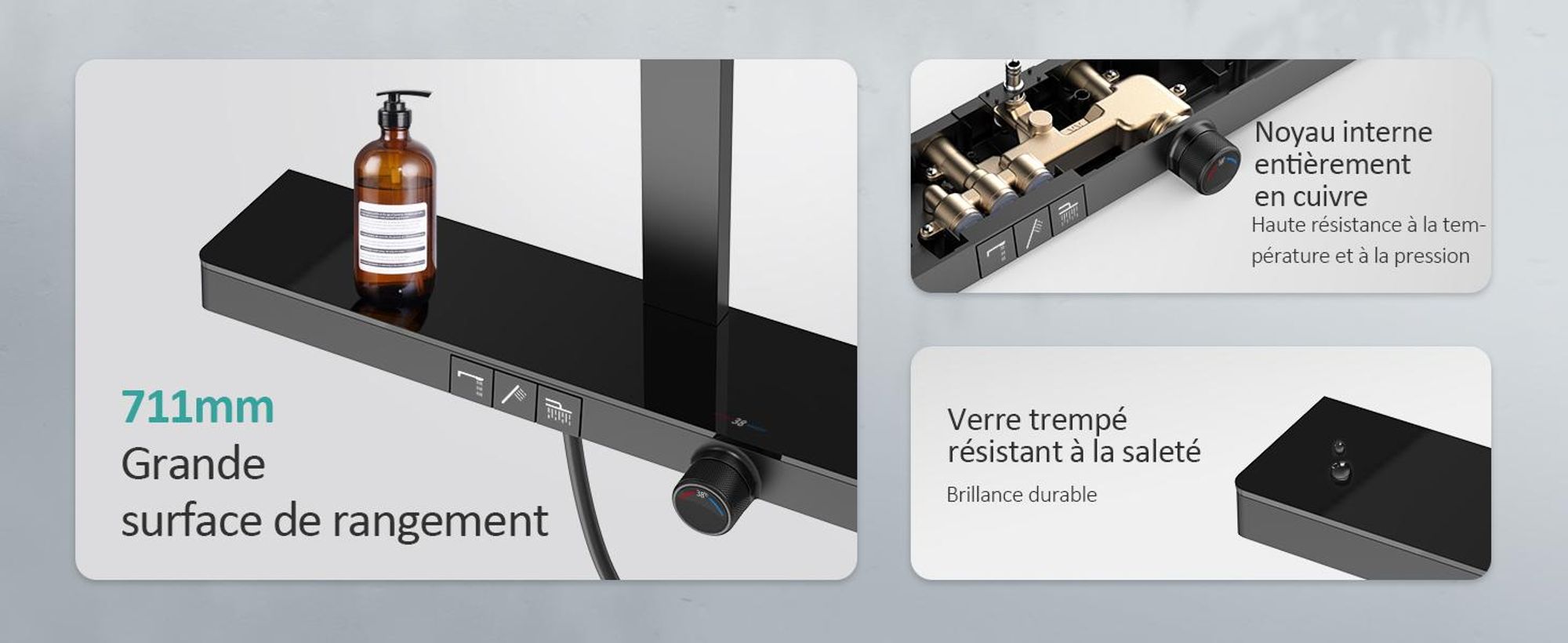 EMKE Système de douche Ensemble de douche de luxe avec thermostat, tablette en verre extra large de 710 mm, douche à effet pluie, robinetterie de salle de bains & douche Noir mat
