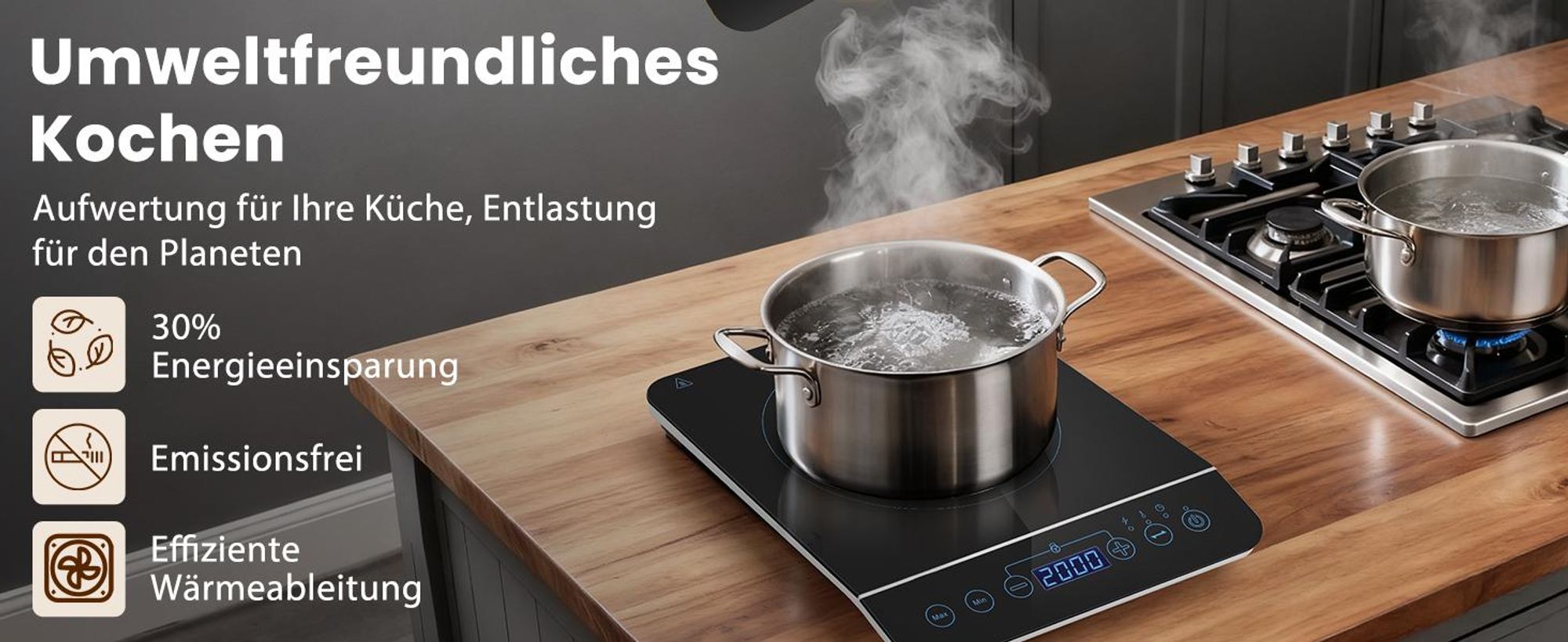 Aigostar Induktionskochfeld/10 Leistungsstufen/200W-2000Watt/Temperaturbereich 60-240℃/LED Display/Schwarz