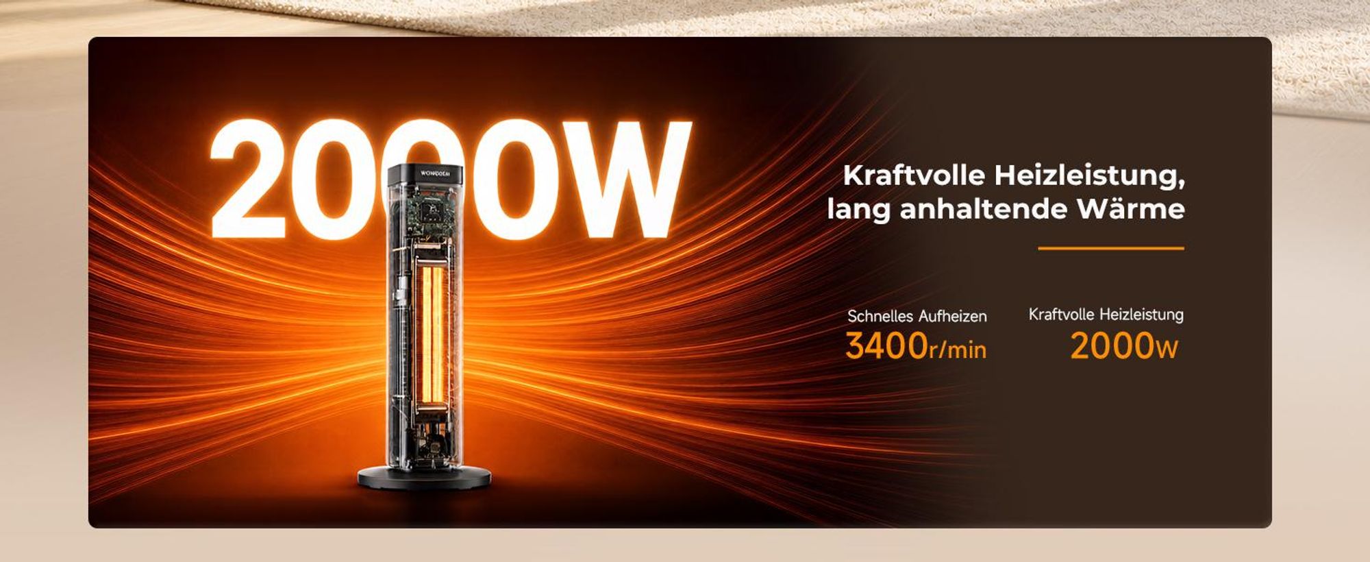 WOWDSGN Keramik-Heizlüfter leise 34dB, energiesparend, 2000W PTC Turm-Heizgebläse, Thermostat, ECO-Modus, Oszillation, Fernbedienung, Schwarz
