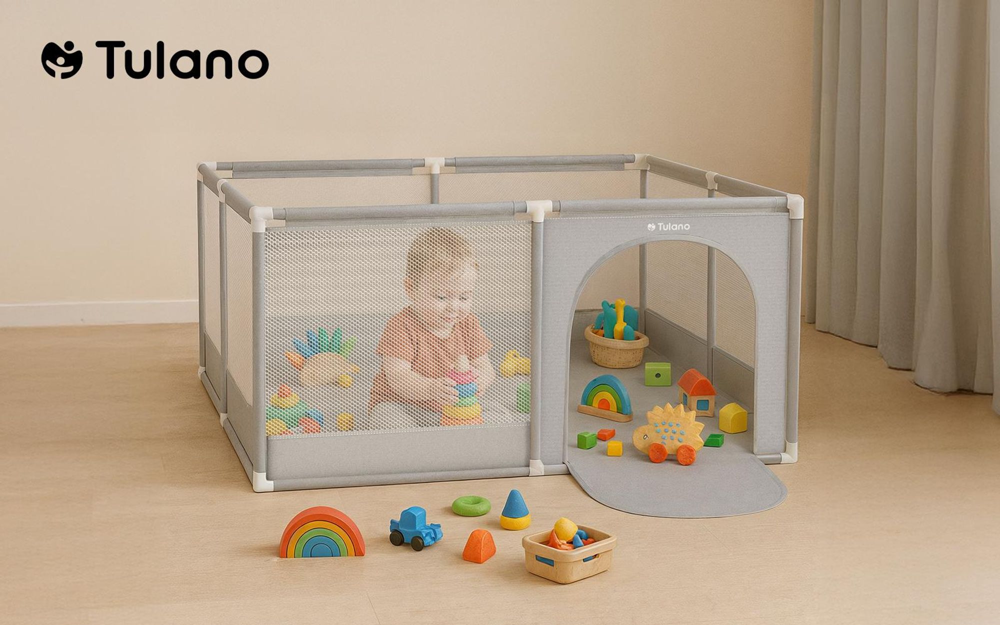 TULANO Cozy 20 | Laufgitter für Baby Kleinkinder Krabbelgitter Laufstall | Indoor Outdoor | Reißverschluss | Atmungsaktivem Netz | 130x130cm | Grau