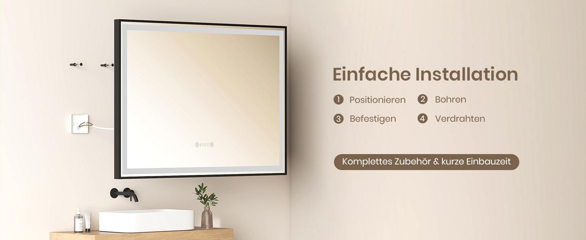 EMKE LED Badspiegel mit Rahmen 120x70cm Badezimmerspiegel Lichtspiegel Wandspiegel mit Touch-Schalter, Beschlagfrei und Uhr