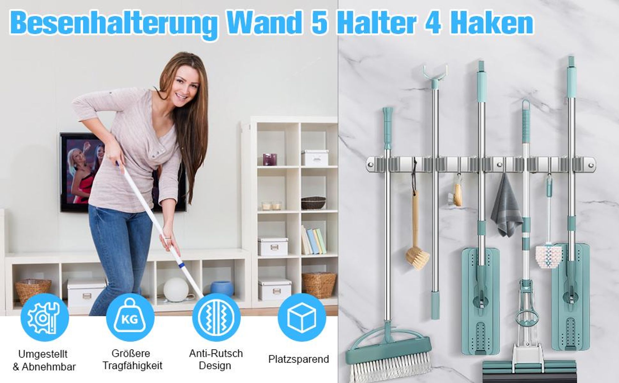 Besenhalterung Wand, Gerätehalter Wandhalterung, Gerätehalter, Edelstahl Besenhalter, 5 Schlitze Und 4 Haken, für Badezimmer Küche Garage