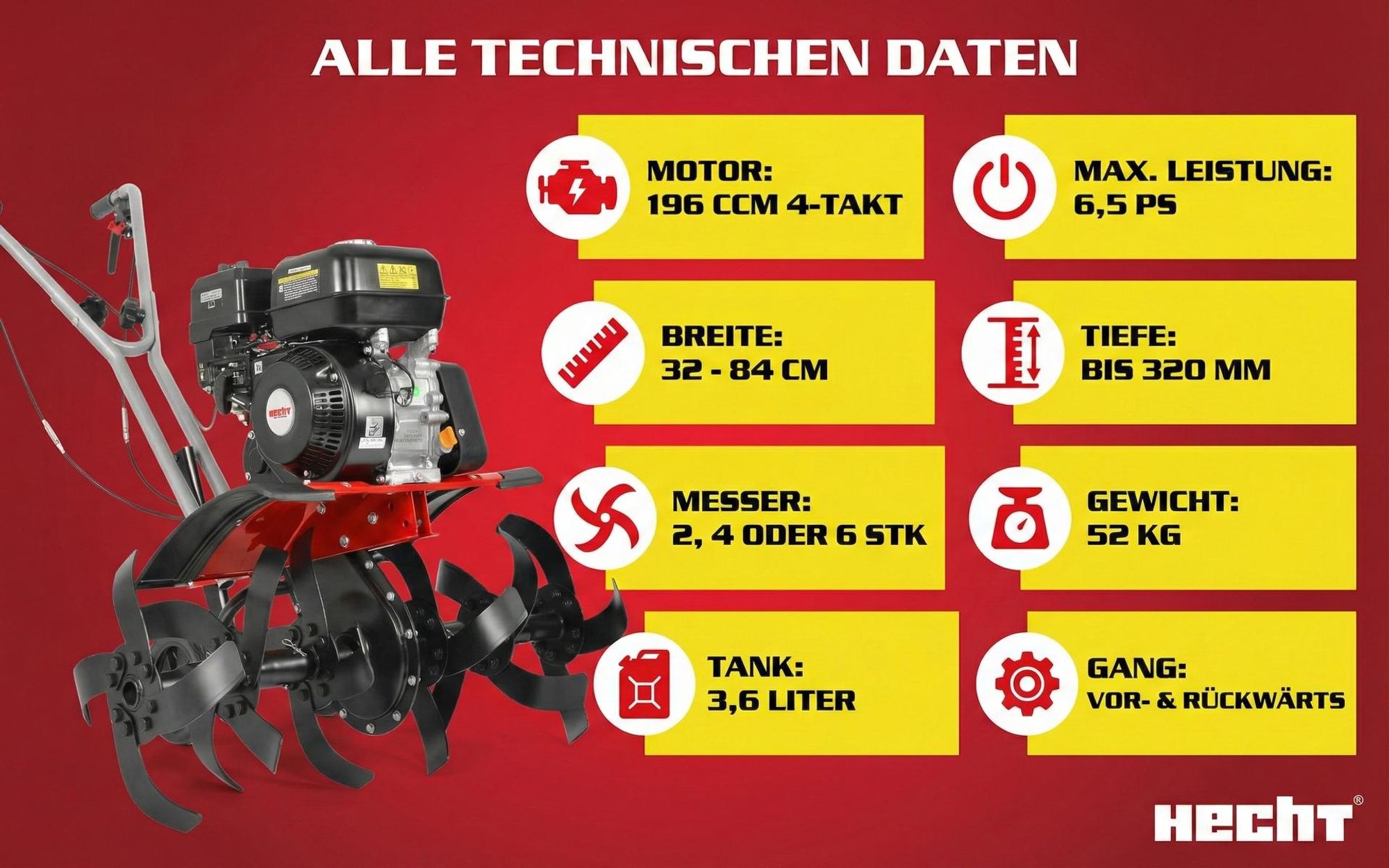 HECHT 785 Motorhacke Benzin | 32-84 cm Arbeitsbreite | 32 cm Arbeitstiefe | 6,5 PS | 4,5 kW | 196 cm³