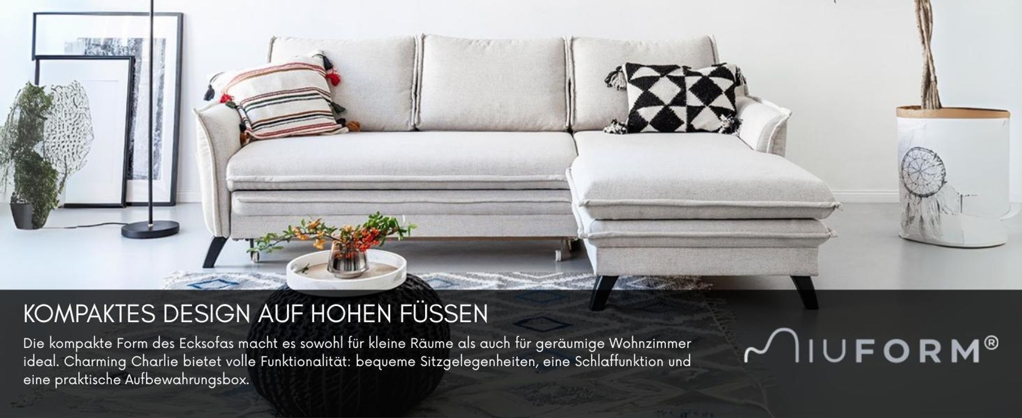MIUFORM Charming Charlie - Ecksofa mit Bettfunktion und Bettkasten L-FORM RECHTS - 228x150cm - Dunkelgrau - Sofa Schlafsofa Couch