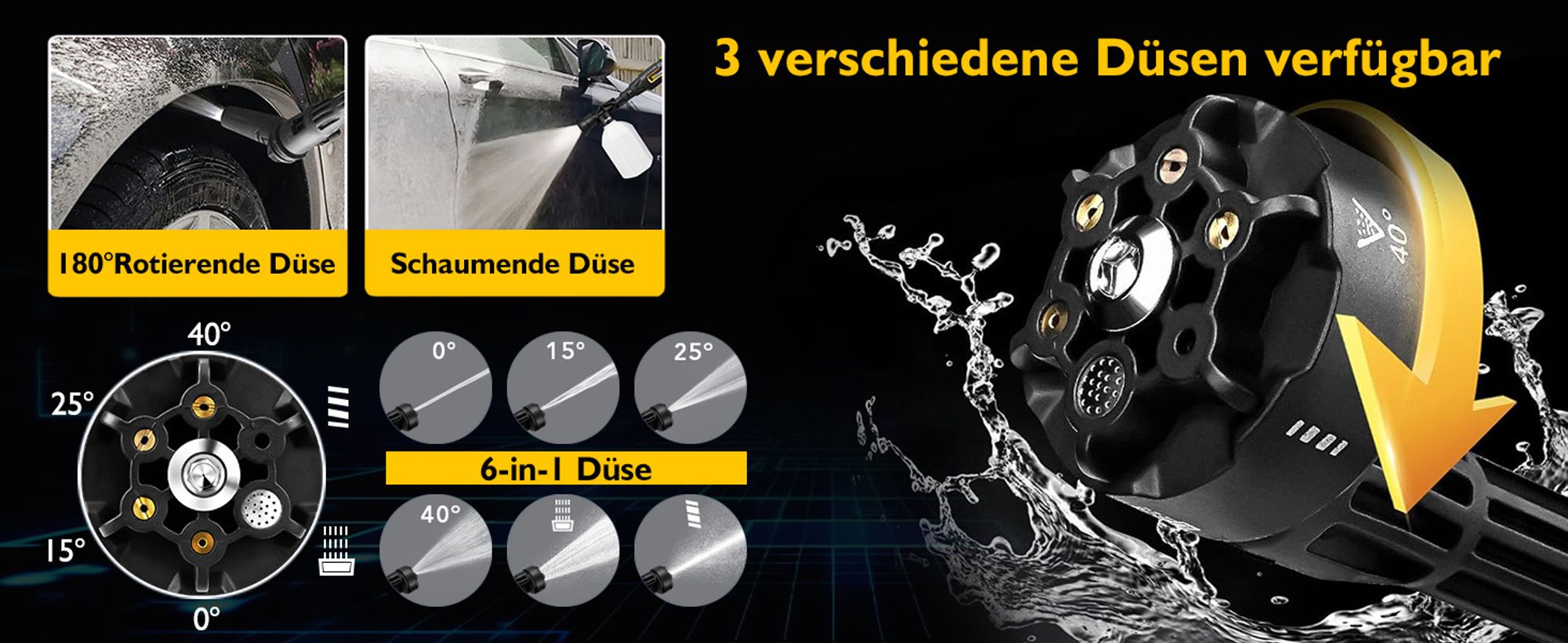 Akku Hochdruckreiniger mit 2 akkus, 400W Tragbarer Hochdruckreiniger mit Verlängerungsstange, Rotierende & 6-in-1 Düse, zur Autos, Gärten