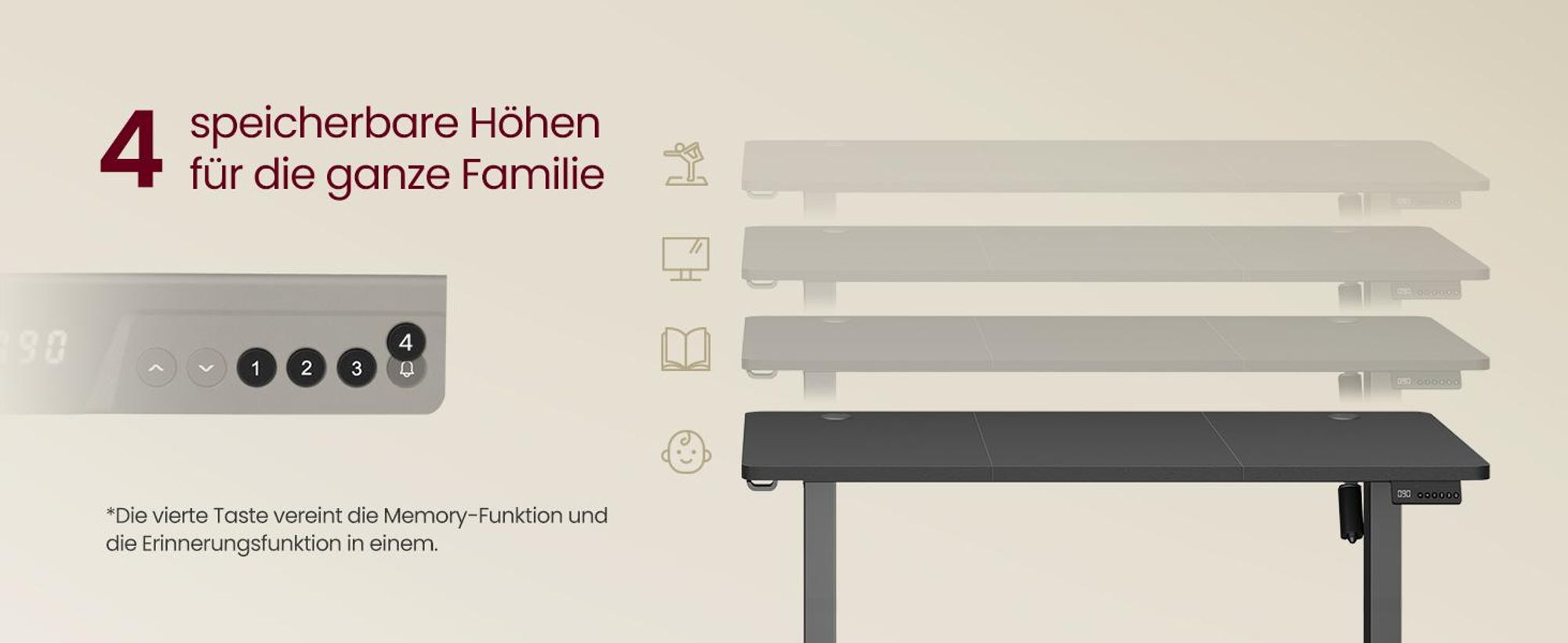 VASAGLE Elektrisch verstellbarer Stehtisch, Memory-Funktion mit 4 Höhen, Schreibtisch für Home Office, 120 x 60 cm, schwarz