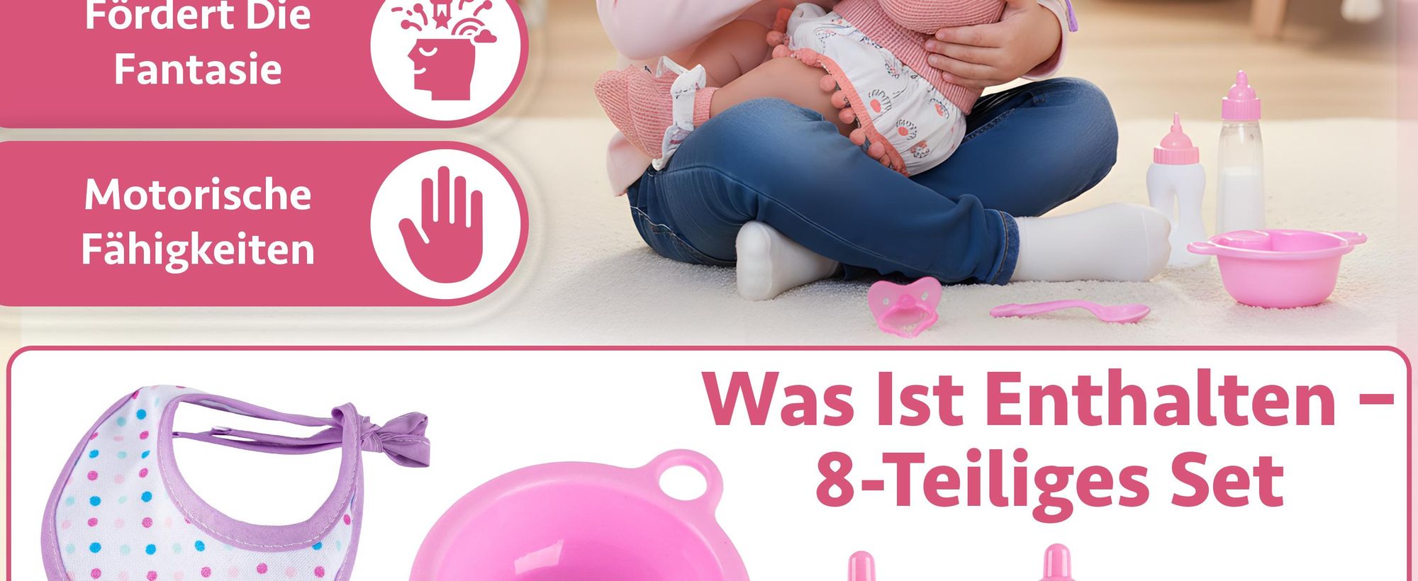 Puppen-Fütterset 8-teilig – mit magischen Fläschchen und Schnuller – realistisches Zubehör für Puppeneltern
