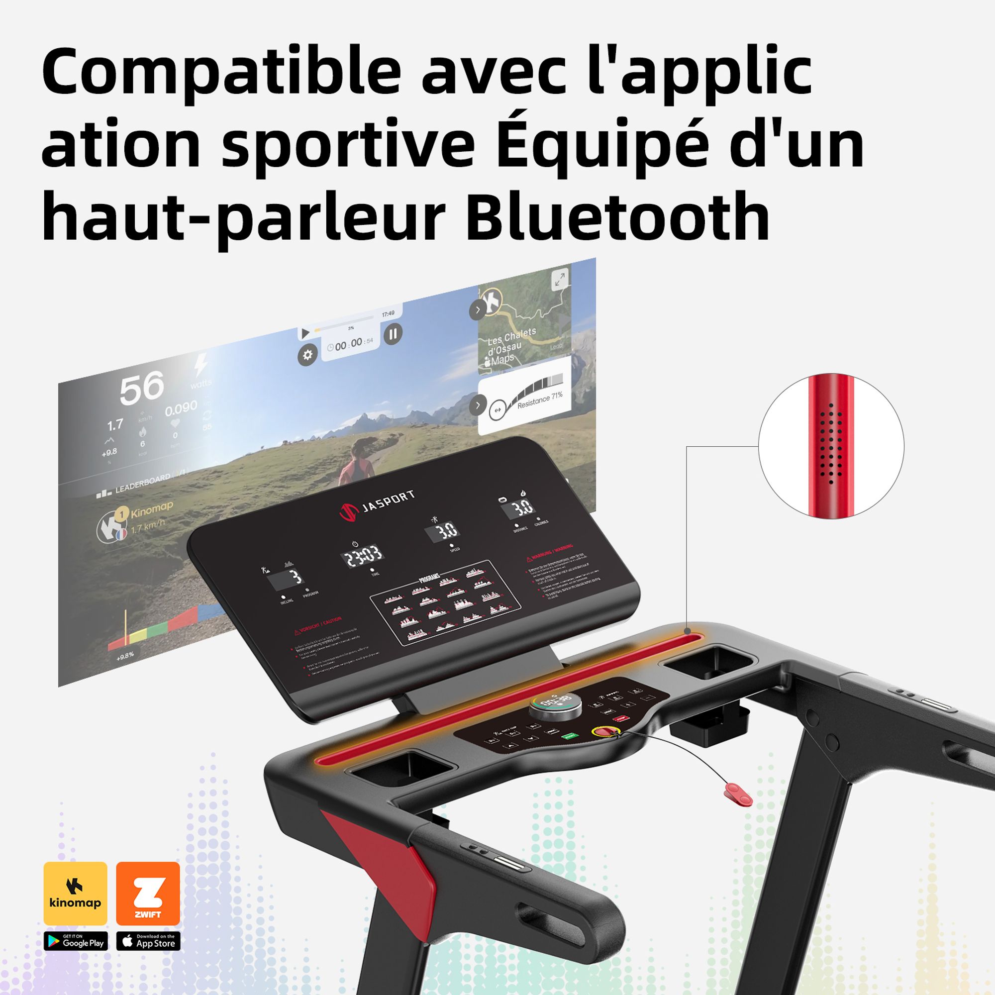 JASPORT L3 tapis de course: pliable, silencieux, Bluetooth, 4CV, jusqu’à 20km/h, inclinaison 18%, surface 1340x480mm, 120kg