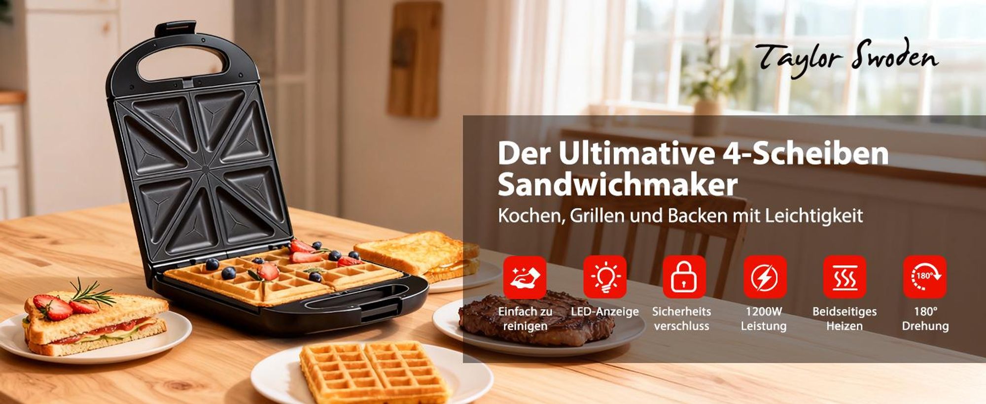 Taylor Swoden 3-in-1-Sandwichmaker, Waffeleisen Backblech für 4 Sandwiches, 180° Wendung, BPA-frei 1200W Schnelles Garen, Einfache Verwendung