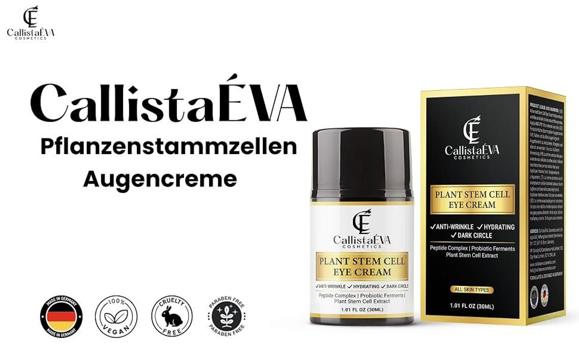 CallistaÉVA Stammzellen Augencreme – Anti-Aging gegen Augenringe, Schwellungen & Falten – Mit Peptiden, Hyaluron, Alle Haupttypen– 30ml