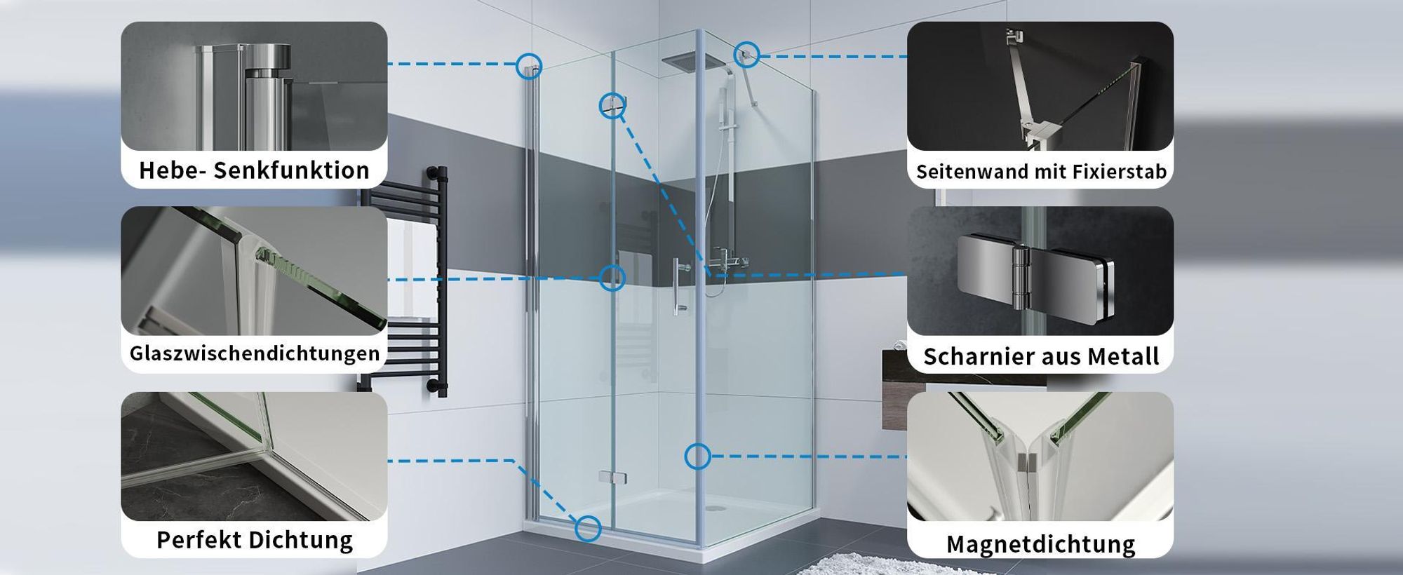 IMPTS Duschkabine 100 x 70 cm Eckeinstieg Duschtür Eckdushe Falttür mit Seitenwand Duschabtrennung 6mm ESG Sicherheitsglas 195cm Höhe, Mit Duschwanne