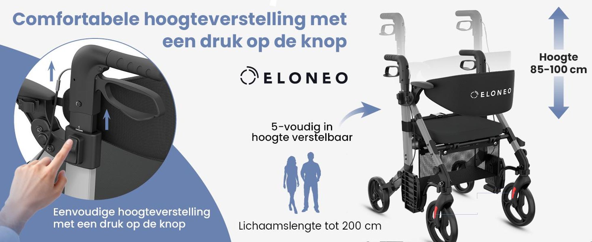 ELONEO 2-in-1 rolstoel/rolator, opvouwbaar en lichtgewicht met zitplaats, outdoor rolstoel/rolator, opvouwbaar, aluminium loophulpmiddel voor senioren - Grijs
