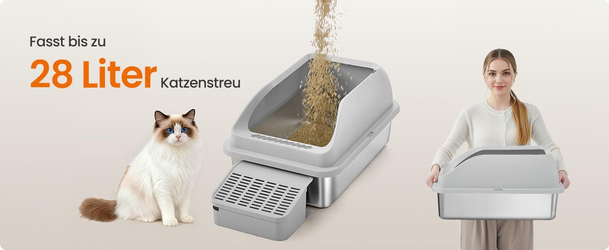 Feandrea Katzenklo Edelstahl, Katzentoilette, offenes Design, mit hohen Seitenwänden, Trittstufe, Schaufel, Bürste, für Katzen bis zu 15 kg