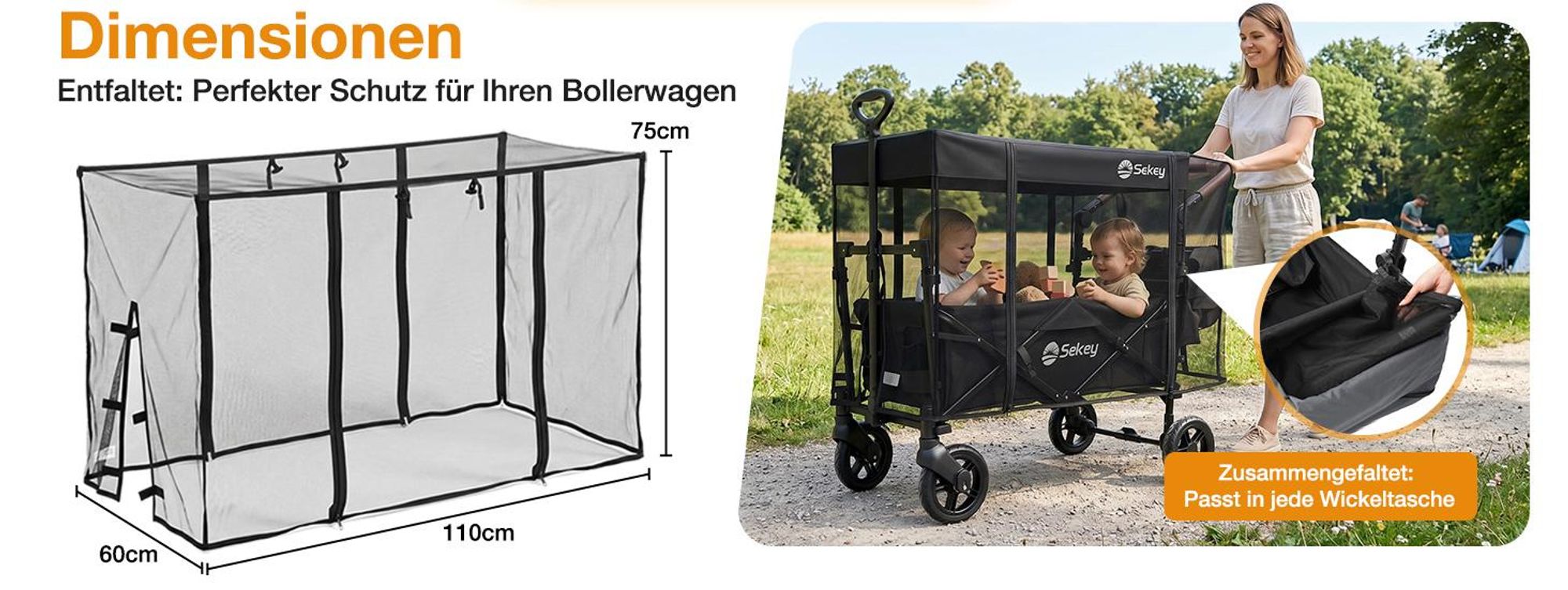 Sekey Insektenschutz Fliegengitter Moskitoschutz für Bollerwagen mit Dach, 110 x 60 x 75 cm