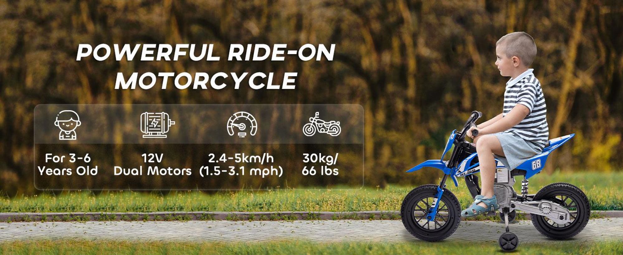 AIYAPLAY Elektryczny motocykl dziecięcy Elektryczny motocykl z muzyką, dla dzieci 2,4-5 km/h Elektryczny motocykl z 2 kółkami bocznymi dla dzieci w wieku 3-6 lat, niebieski