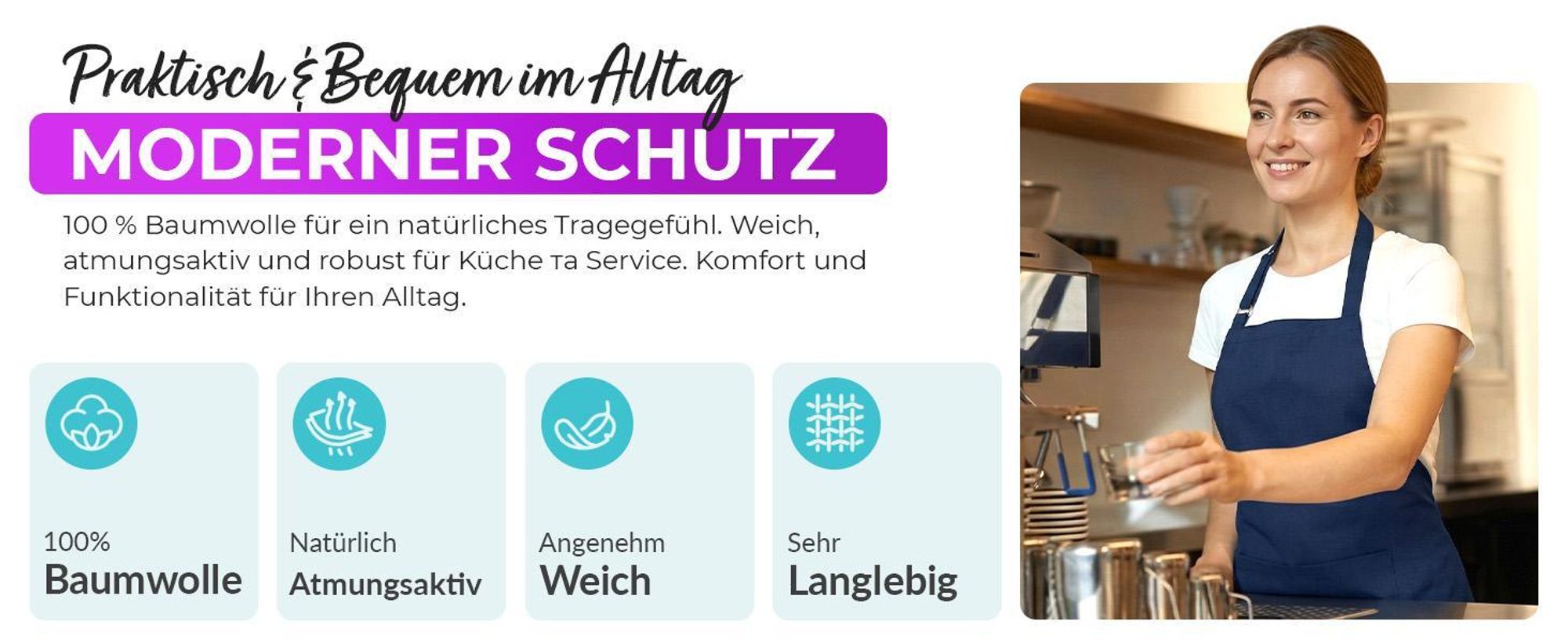EllaTex Schürze Kochschürze Latzschürze 100% Baumwolle Unisex verstellbar mit Tasche Grillschürze Küche Gastronomie, Farbe: Royalblau