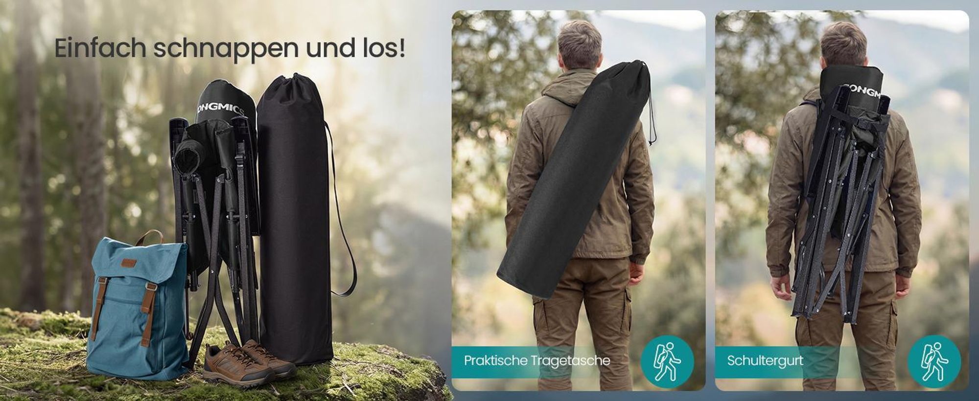 SONGMICS Campingstuhl, verstellbare Rückenlehne 95°-150°, Getränkehalter, Tragetasche, Angeln, Garten, Camping, grau