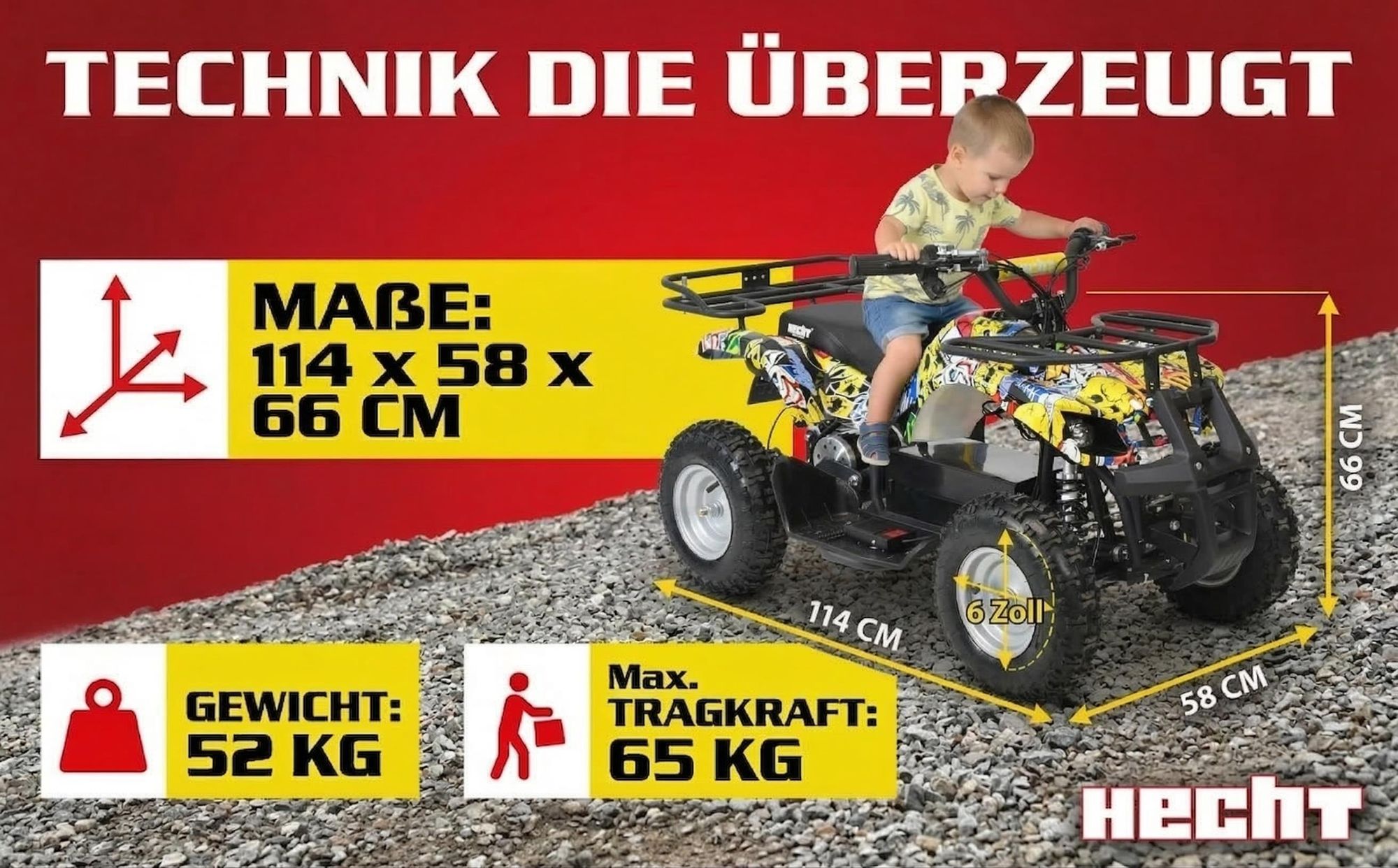 HECHT 56100 Kinder Quad Elektro | bis 25km/h | 1000W | bis 65kg Tragkraft | 36V | 12Ah Akku | 8-15h Ladezeit