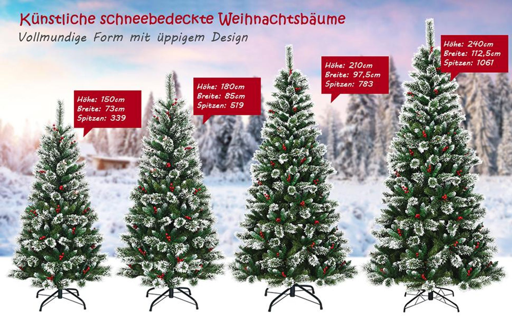 COSTWAY 150cm Künstlicher Weihnachtsbaum mit roten Beeren, schneebedeckter Tannenbaum mit Metallständer, Christbaum PVC- und Tannennadeln, Kunstbaum Weihnachten Klappsystem