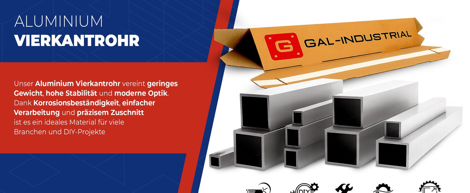 GalIndustrial, Aluminium, Aluminiumprofil, Alu Rohr, Alu Vierkantrohr, Rechteckrohr