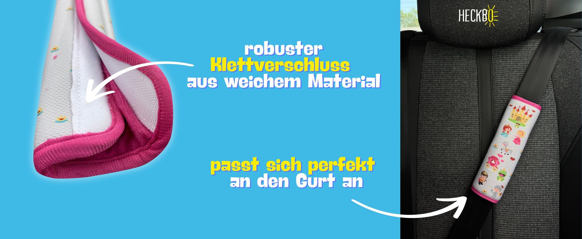 2x HECKBO Kinder Auto Gurtpolster Gurtschutz mit Prinzessin Motiv - Sicherheitsgurt Polster für Kinder und Babys- Ideal für jeden Gurt Autositzerhöhungen Kinder Fahrradanhänger Flugzeug