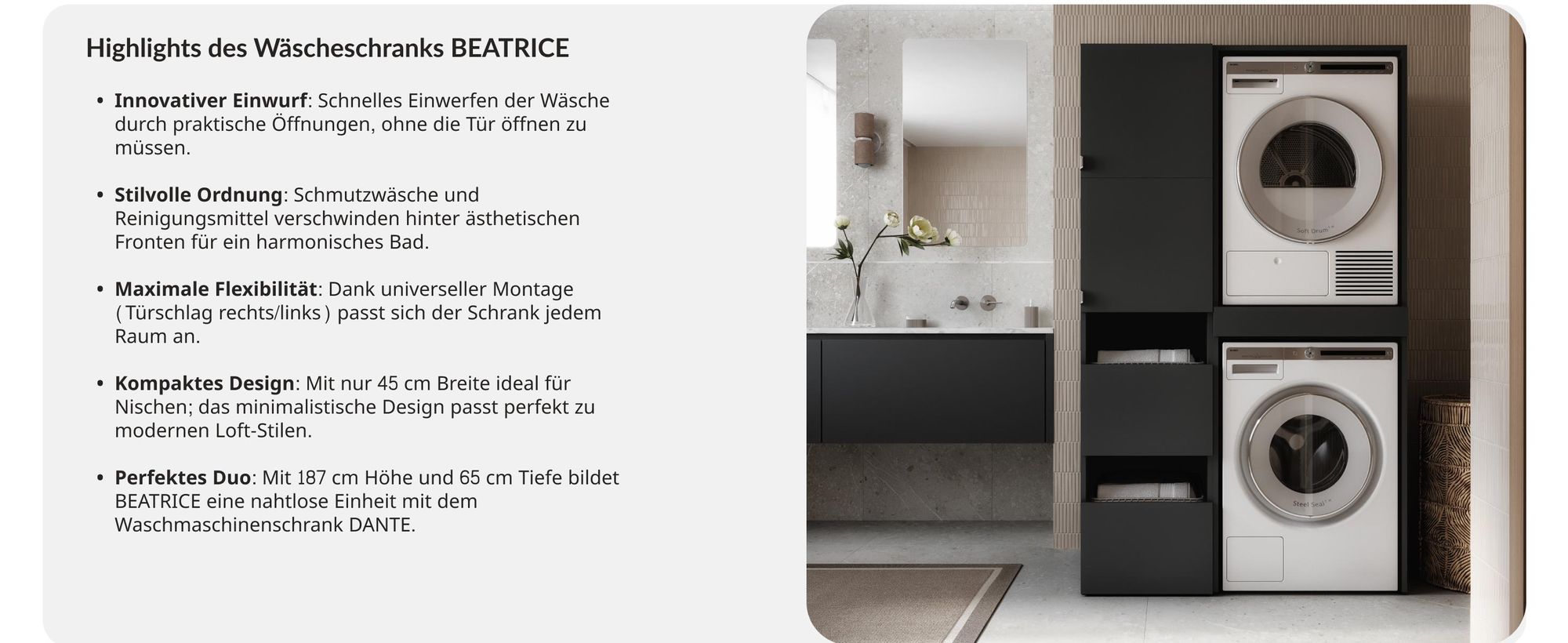 Hochschrank Badschrank Beatrice 187 x 45 x 65 cm Wäscheschrank Badregal Schrank für das Badezimmer Weiß