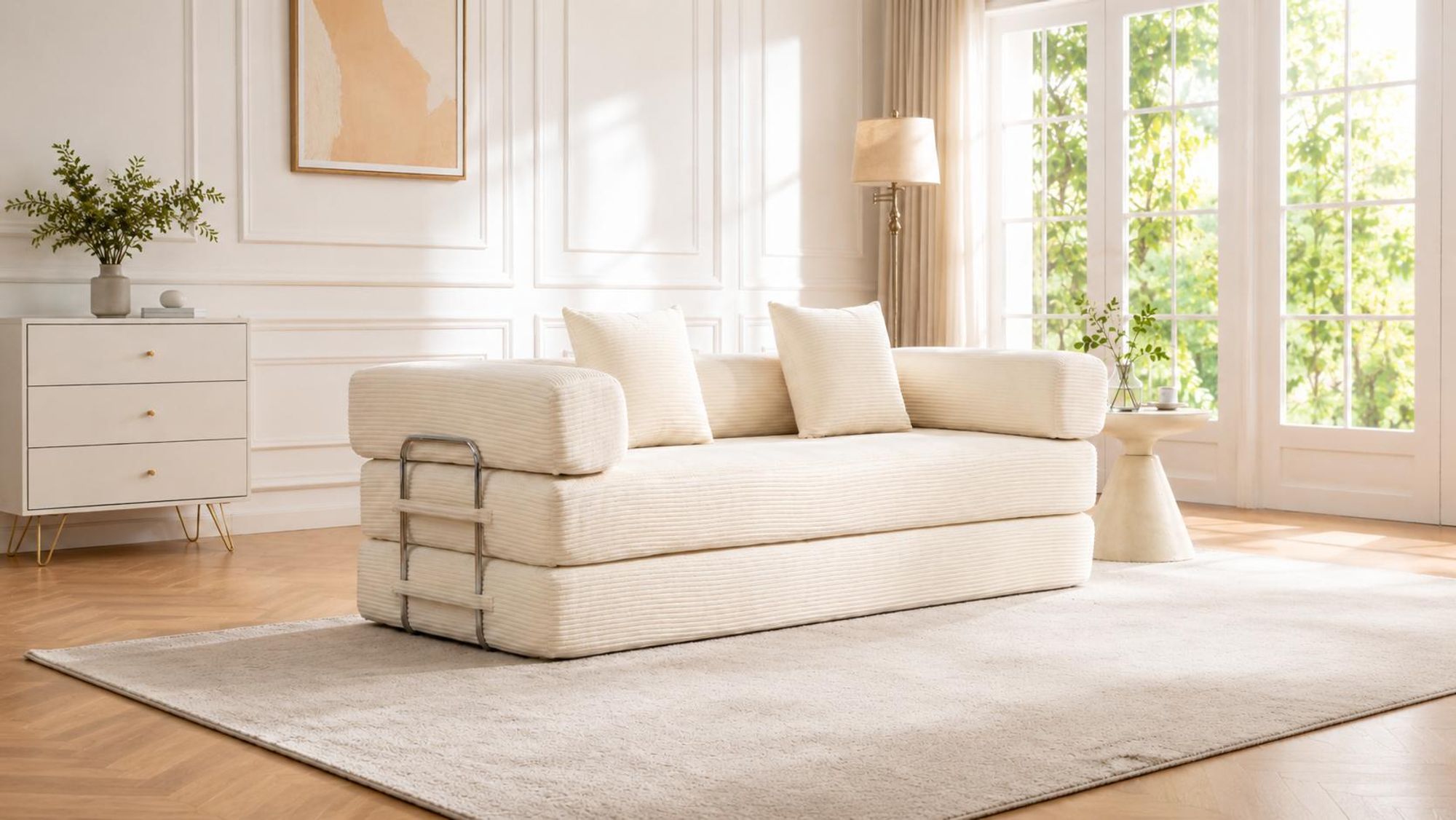 PixelPilot Schlafsofa 2-Sitzer aus Cord, ausklappbar, modular & montagefrei, weich und robust für Wohnzimmer