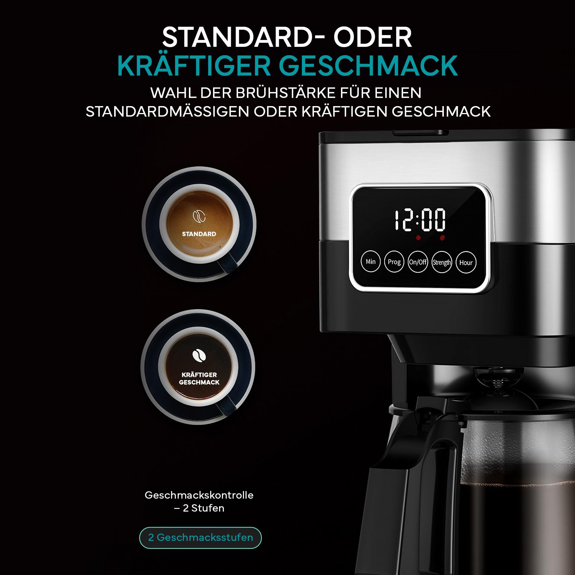 Intelligentes LCD-Touch-Display mit 24h-Timer für frischen Kaffee am Morgen.