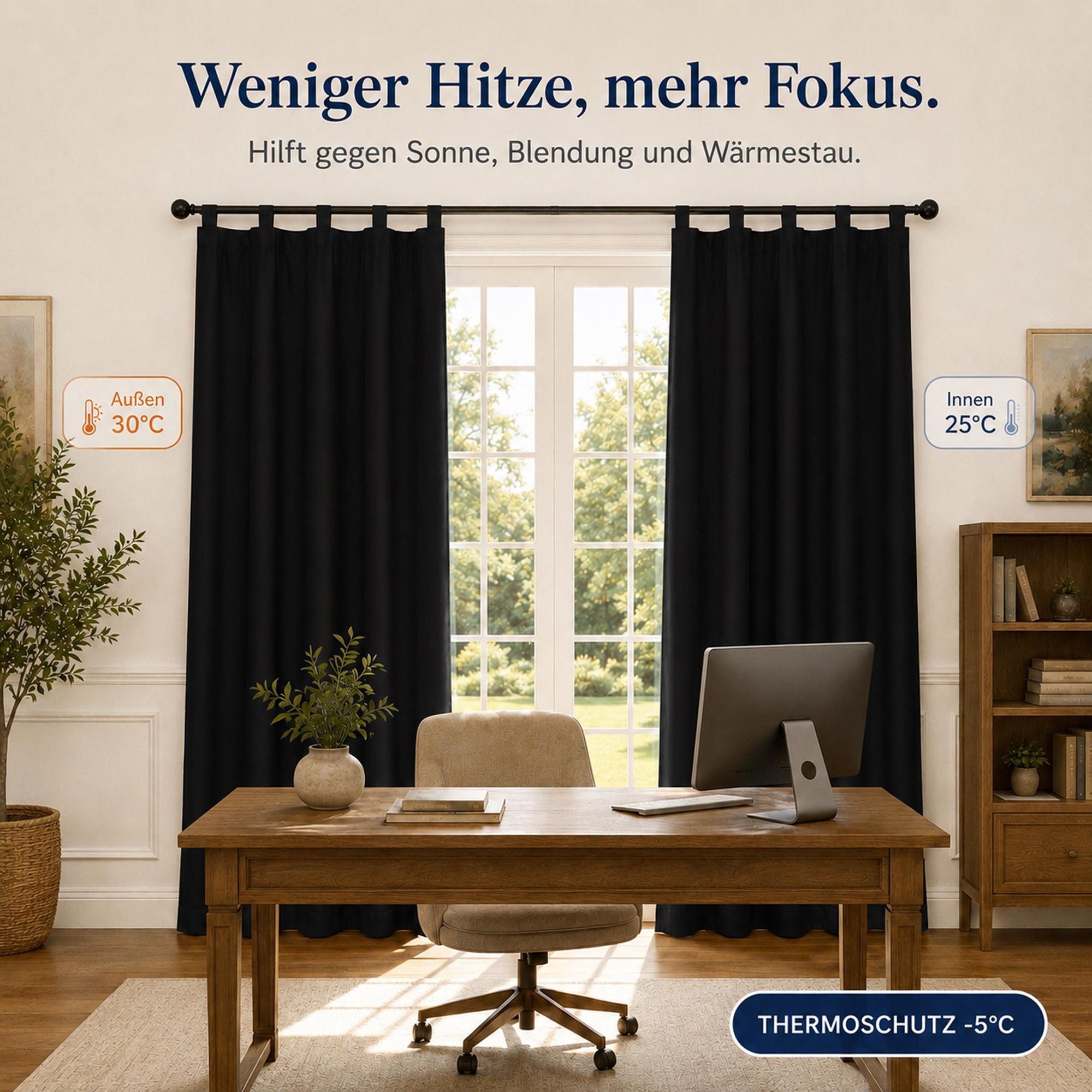 Schlaufen Vorhänge Blickdicht Schwarz, Wohnzimmer Schlafzimmer Thermo Verdunklungsvorhänge 132 x 241 cm (2er-Set), Wasserdicht Sichtschutz Gardinen