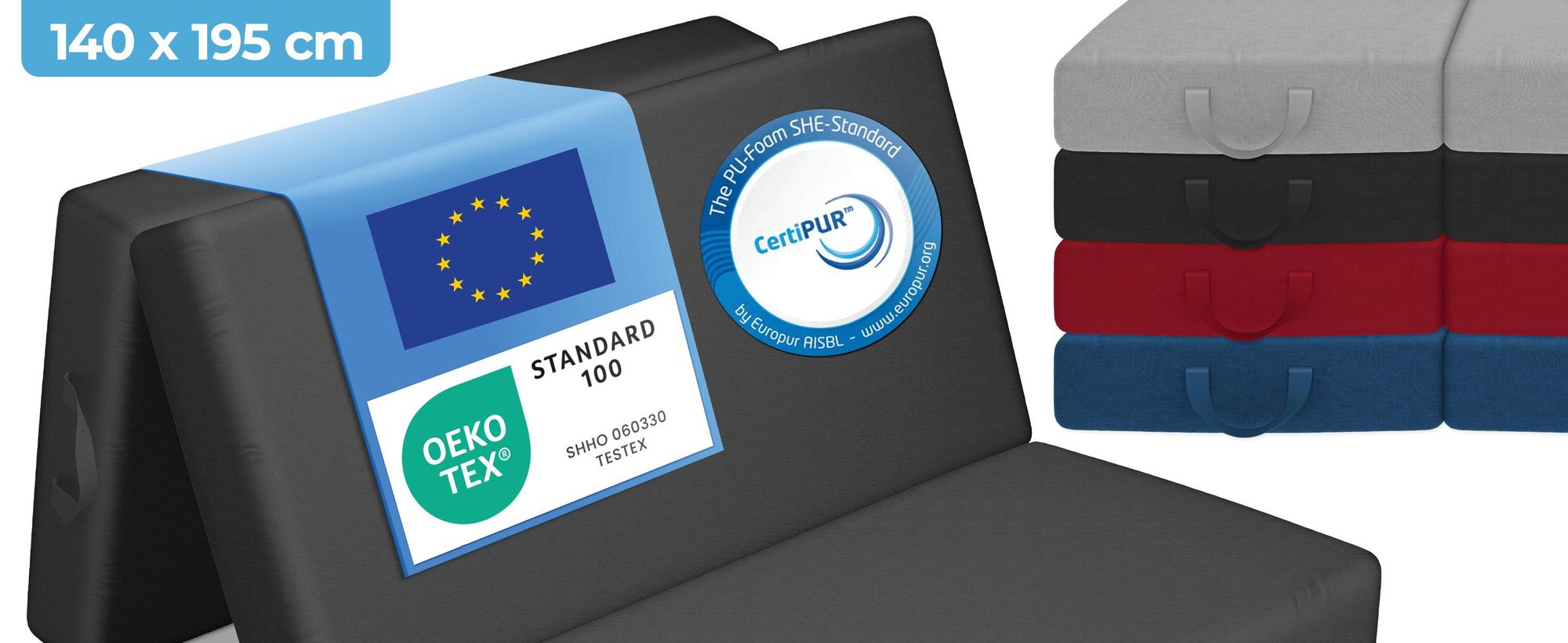 ELONEO Opklapbare matrassen, gastenmatrassen, 3-delige opvouwbare matrassen, extra dik schuim (15 cm), geschikt voor mensen met rugproblemen, opvouwbaar, (zwart)