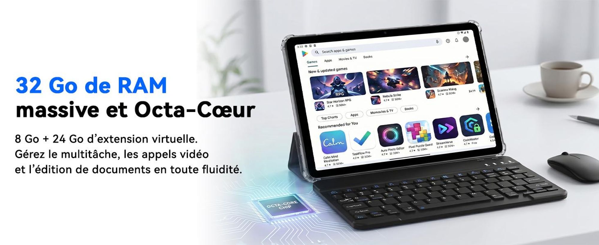 Tablette TABWEE T70 de 11 pouces, 32 Go (8 Go RAM + 24 Go stockage) + 256 Go de stockage, Android 16, batterie de 8000 mAh, Bluetooth 5.0, reconnaissance faciale, Widevine L1, Rheinland. Livrée avec un clavier, une souris et un stylet
