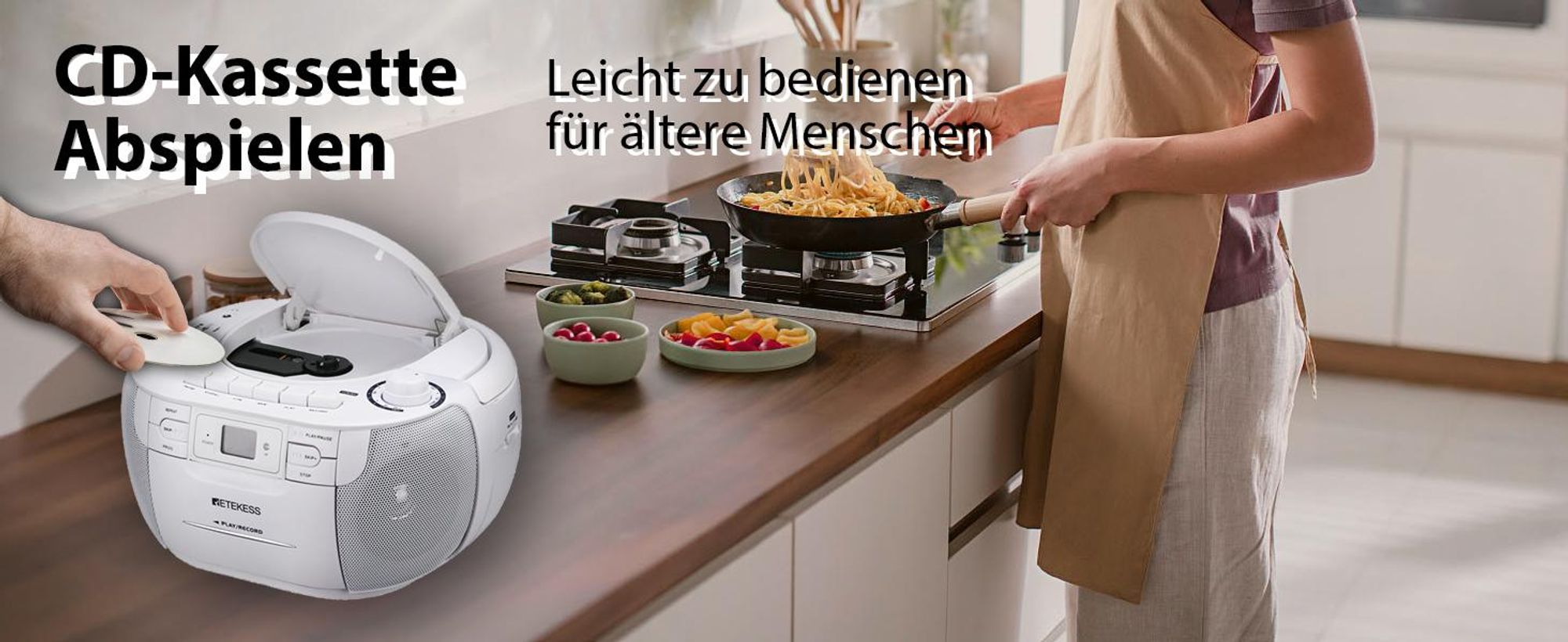 Retekess TR621 Tragbares CD Radio,Kassettenspieler CD,Stereo mit AM FM-Radio,Kassettenrekorder,Unterstützung von USB/TF/Kopfhörer, mit Fernbedienung