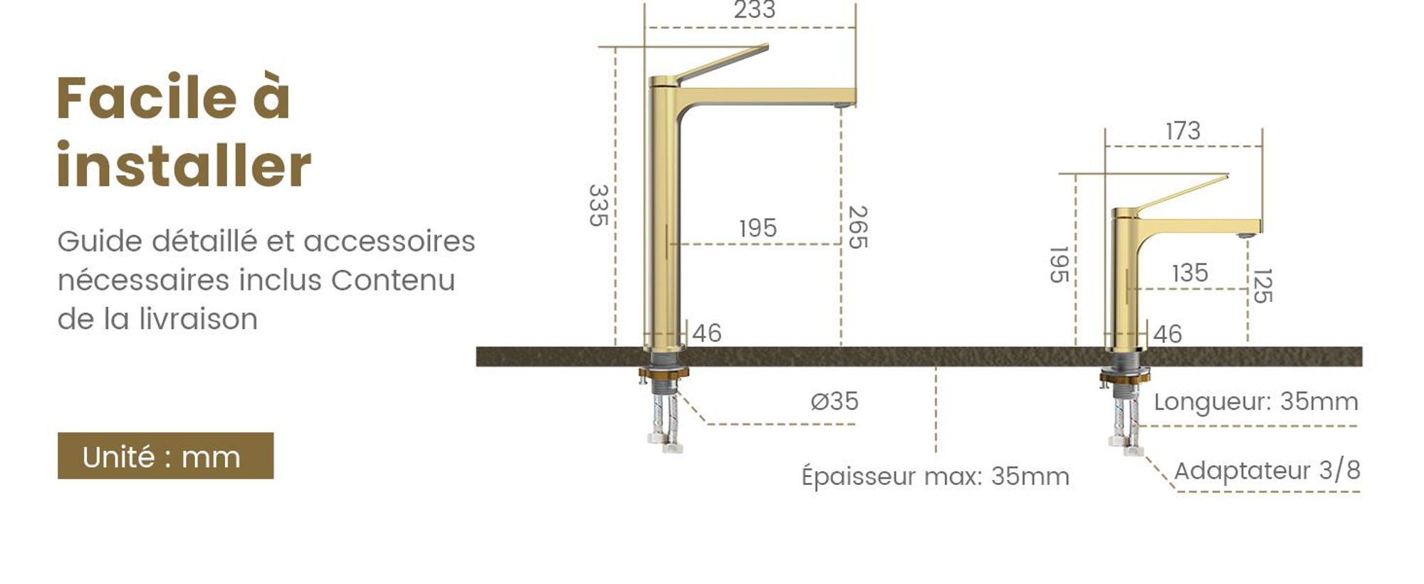 EMKE Robinet salle de bain or champagne 335x233x46mm, laiton, cartouche céramique, robinet salle de bain, mitigeur lavabo, mitigeur lavabo