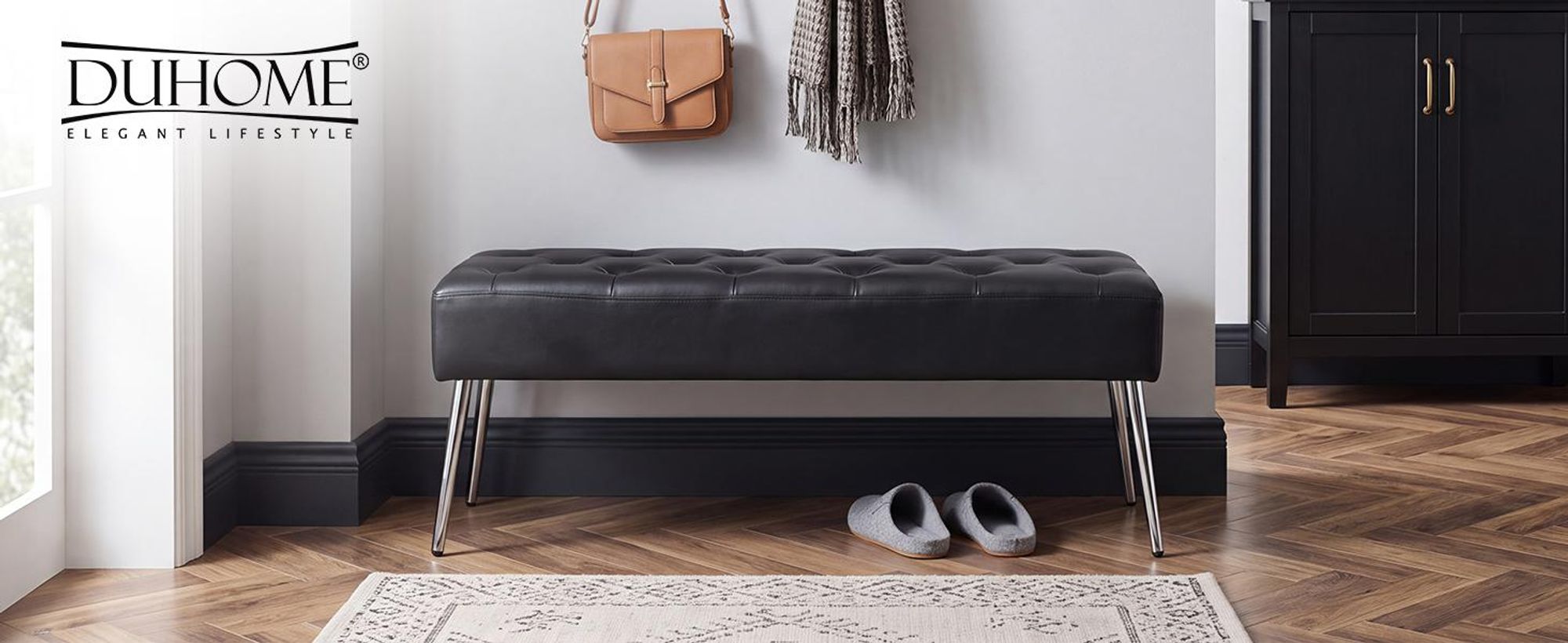 Duhome zitbank van kunstleer, gestoffeerde bank, make-up krukje, make-up tafel. Kleur: zwart, materiaal: kunstleer