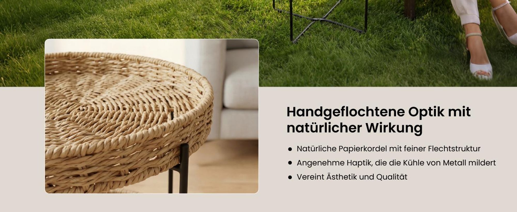 Mai & Mai Beistelltisch rund Ø37×H55 cm, Couchtisch klein mit abnehmbarem Tablett aus Papierkordel, Schwarz Reglo-08