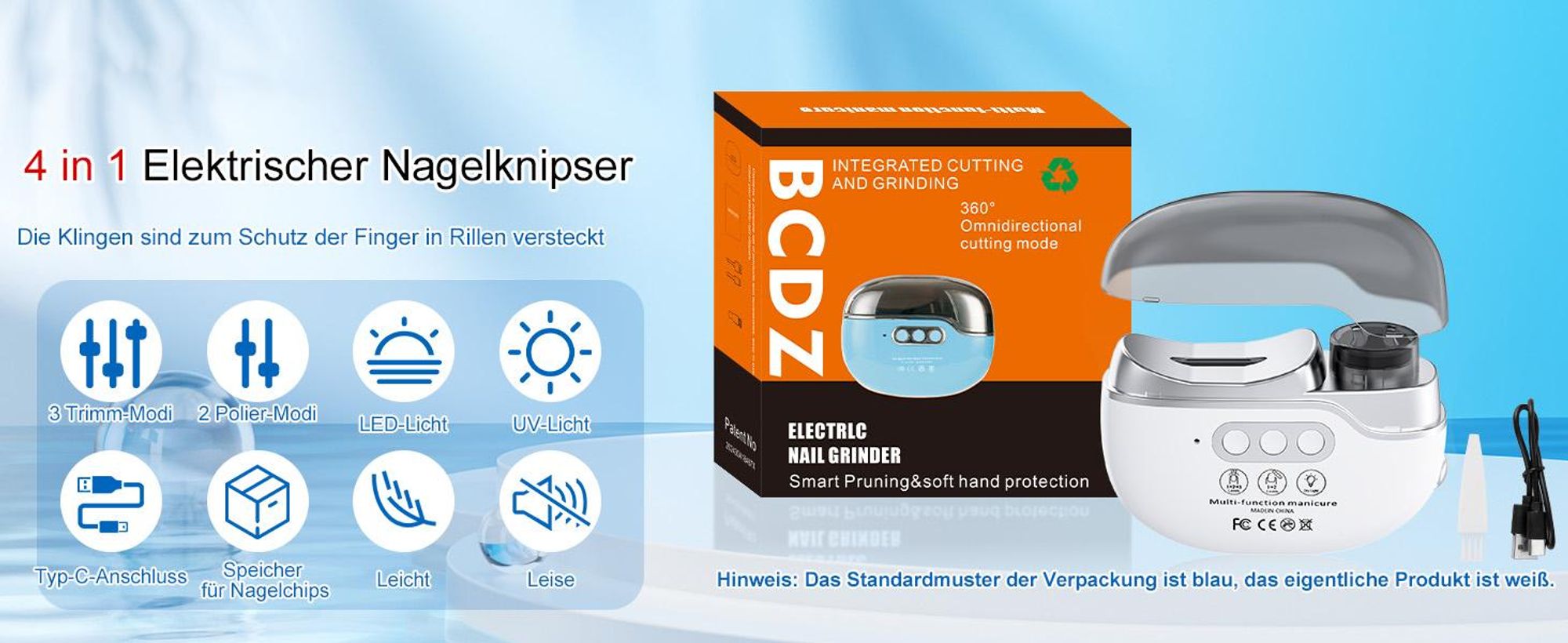 Elektrischer Nagelknipser, Elektrischer Nagelschneider, automatische Nagelfeile, Nageltrimmer mit Nagellampe, 3 Stufen, leise & wiederaufladbar