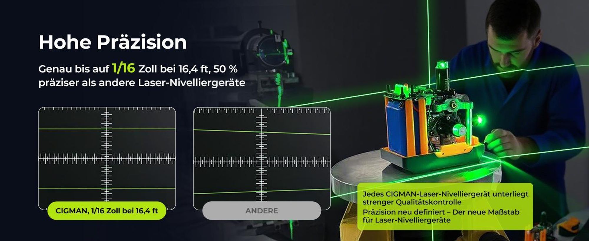 CIGMAN CM-S04 Kreuzlinienlaser 4x360° Grün mit App & LCD-Display