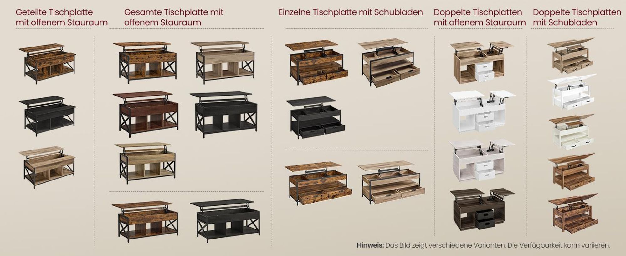 VASAGLE Couchtisch, Wohnzimmertisch, Gaszylinder, höhenverstellbar, viel Stauraum, Kaffeetisch, für Wohnzimmer, vintagebraun
