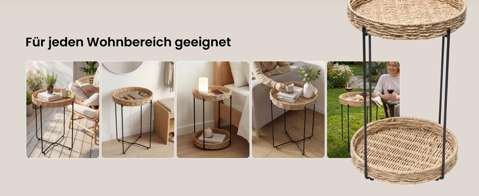 Mai & Mai Beistelltisch rund Ø37×H55 cm, Couchtisch klein mit abnehmbarem Tablett aus Papierkordel, Schwarz Reglo-08