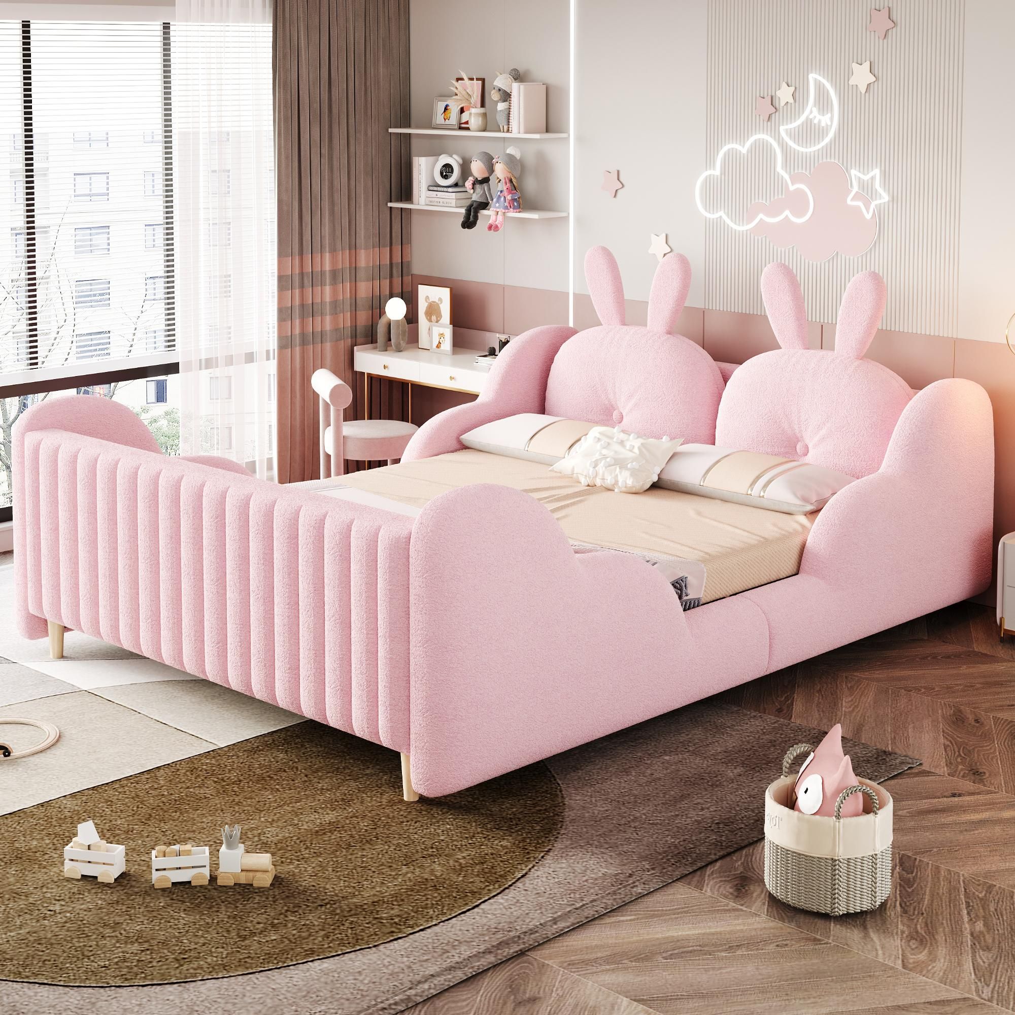 Merax Kinderbett Polsterbett 140x200cm mit Wolken-Seitenschutz, Teddy-Samt Bett mit Hasenkissen,Plattformbett Jugendbett mit Kissen in Hasenform,Rosa